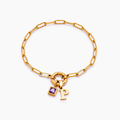 Paperclip Initial Birthstone Bracelet